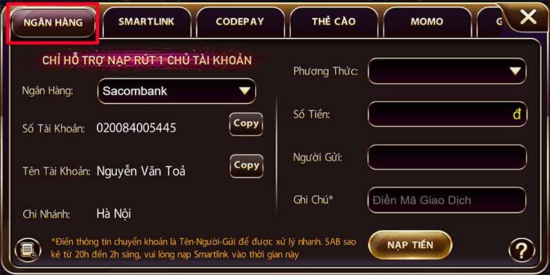 Nạp bằng hình thức chuyển tiền vô cùng tiện lợi